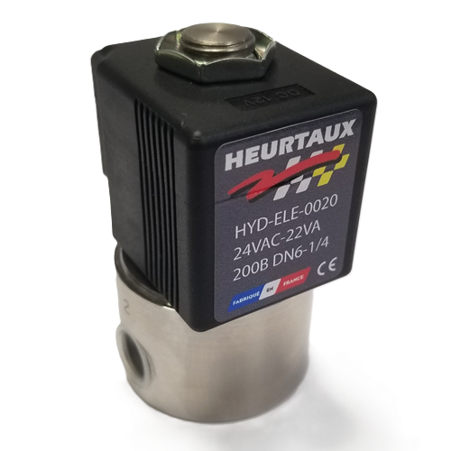 Electrovanne haute pression, 24 Volts -  1/4 Femelle - 1/4 Femelle, 200 Bar - Heurtaux Référence HYD-ELE-0020