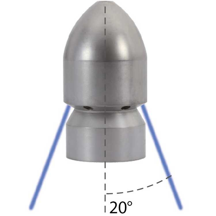 Buse de nettoyage et curage de canalisation jets à 20° ogivale, 1 jet avant, 6 jets arrières, calibre 20, 1/4 femelle