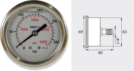 Manomètre 63mm, de 0 à 100 bar entrée latérale