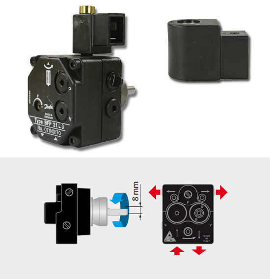 Pompe à fioul DANFOSS avec électrovanne 230V pression ajustable 7-15 bar - BFP 21 L3, 230V.