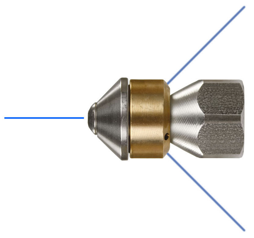 Buse de nettoyage de canalisation rotative 1 jet avant, 3 jets arrière. Calibre 12 - 3/8 Femelle