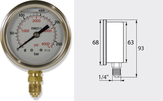 Manomètre 63mm, de 0 à 250 bar entrée verticale