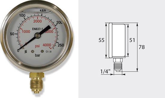 Manomètre 63mm, de 0 à 600 bar entrée verticale