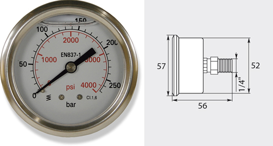 Manomètre 50mm, de 0 à 250 bar entrée latérale 1/4 Mâle